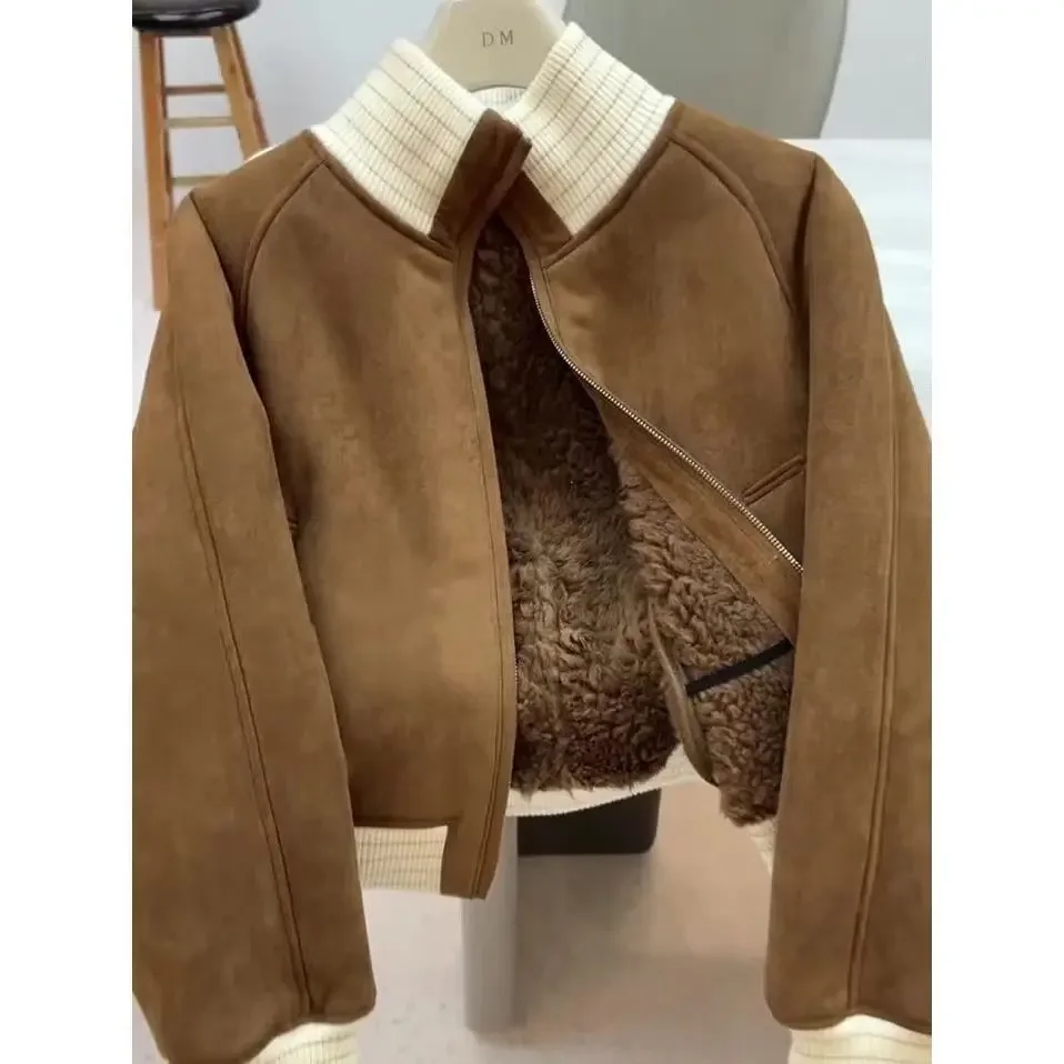 

Autumn Winter New Women Luxe Black Short Lamb Fur Jacket Fashion Top Female Polyester Fiber Stand Collar Coat
