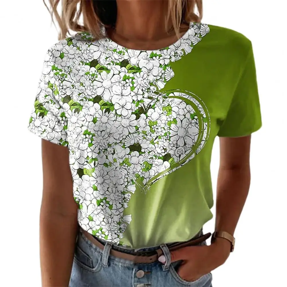 Crew Neck Short Sleeve Girls T-shirt Shink Resistant Floral Heart Print Lady Top Streetwear