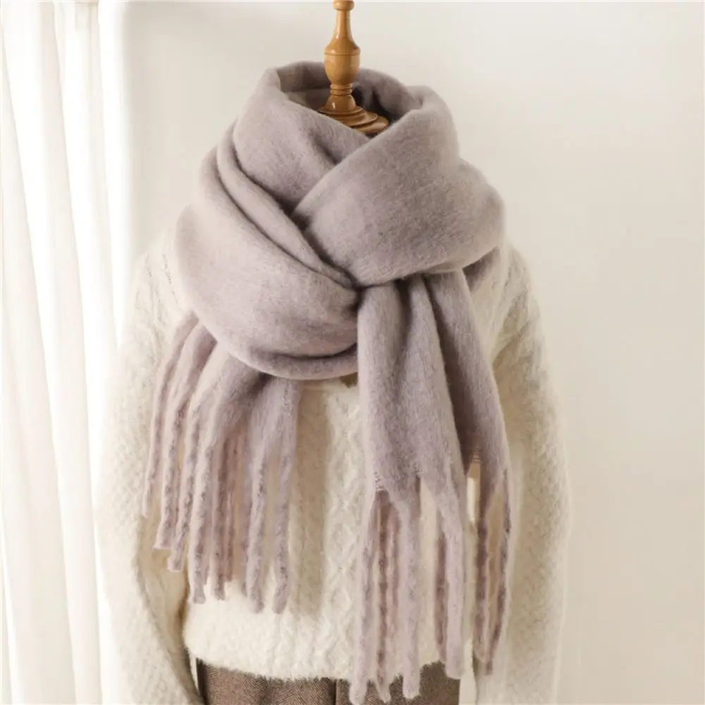 New Mohair Women Scarf Female Winter Warm Thickened Solid Color Long Scarves Soft Coarse Braid Tassel Shawl Viscose Wrap Shawls