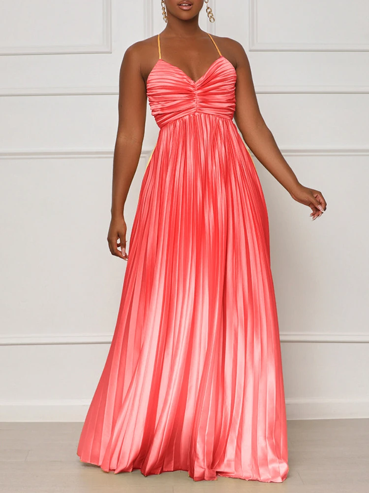 Sexy Women Color Block Spaghetti Strap Backless Evening Cocktail Party Dress Floor-Length Pleated Chic Gown Big Size Summer New