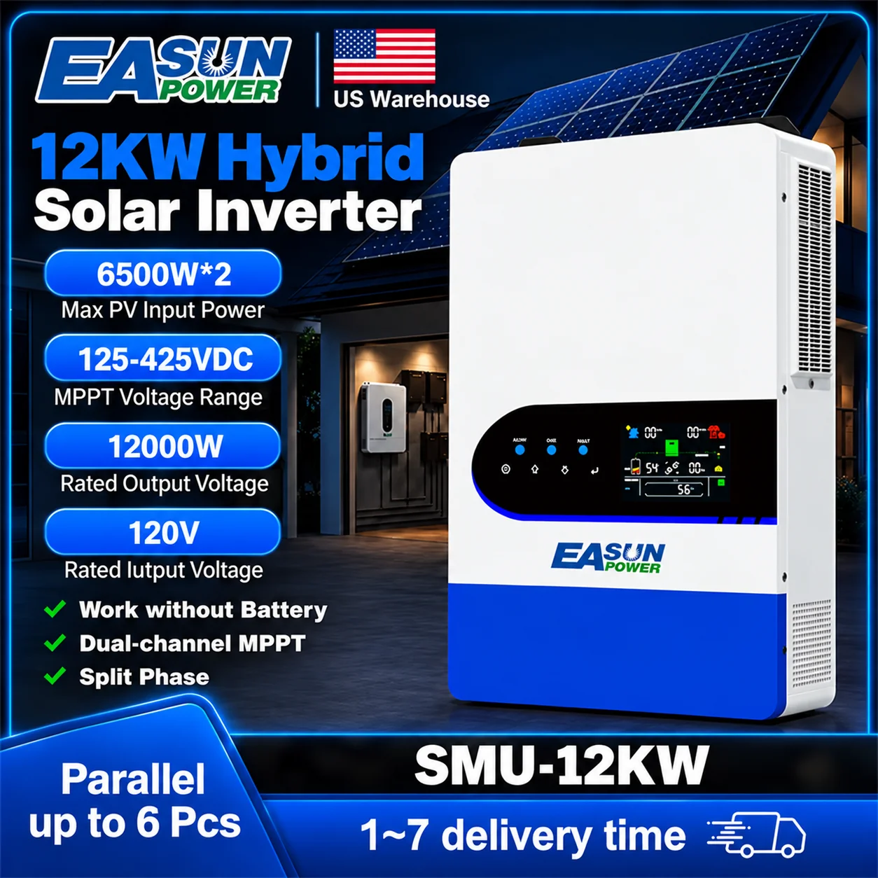 EASUN POWER 12KW Split Phase Solar Inverter 48V 110V Hybrid Solar Inverter 220A MPPT Paralleled Split Phase 120V/240V Solar Invertor Solar Controller Inversores 12000W Phase Separated Inverter