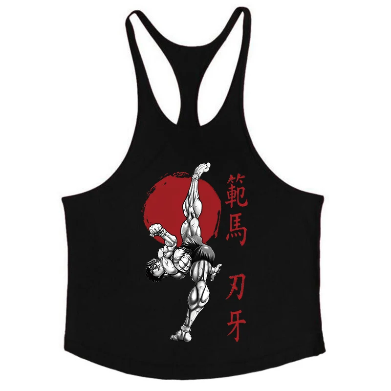 2026Men's Baki Graphic Cotton Tank Top, Summer Sleeveless Y-Back Vest for Gym Workout Muscle Training Athletic Active Undershirt