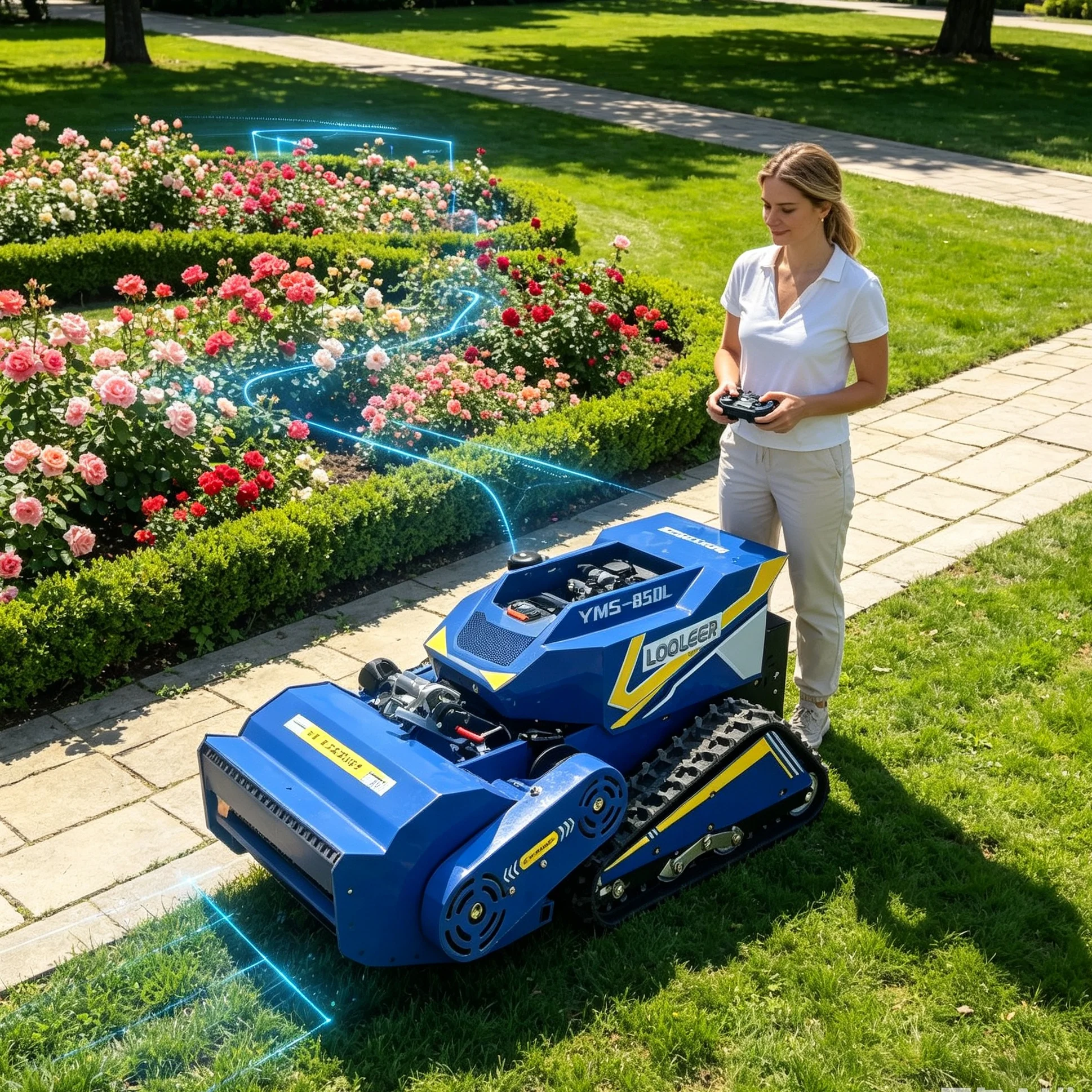 Customized Sloped Flower Farm Land 1000SM Tracked Lawn Mower, Beautiful Blue Body Shell, Upgradeable Industrial Wireless Remote