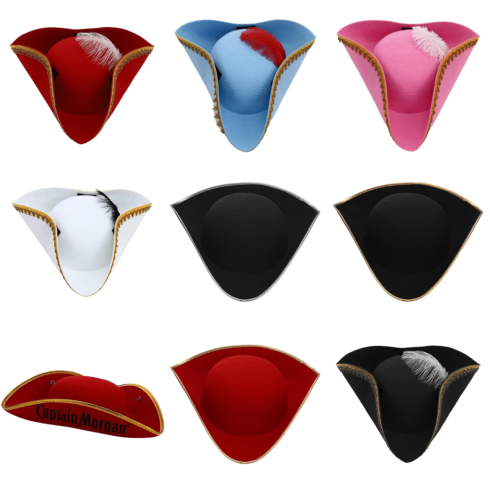 Halloween Cosplay Colonial Tricorn Hats Captain Pirate Hat Metallic Brim Embellish Felt Hat Carnival Masquerade Balls Dress Up