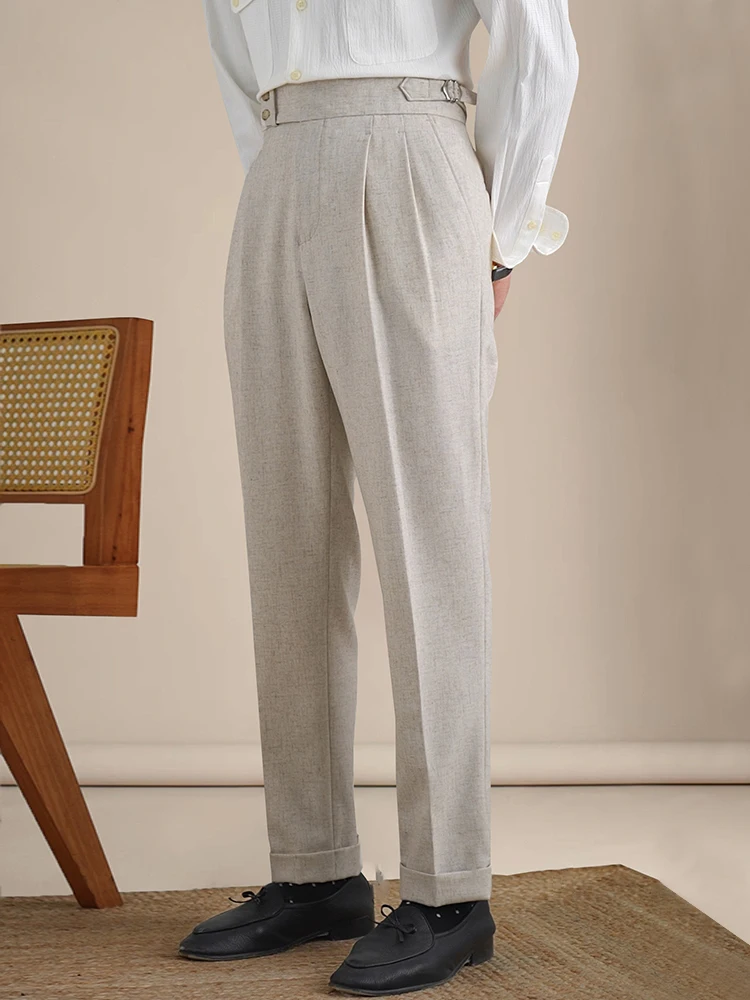 Naples Double Fold High Waist Linen Suit Pants For Men Summer Breathable Straight Leg Office Trousers Men Pantalon Costume Homme