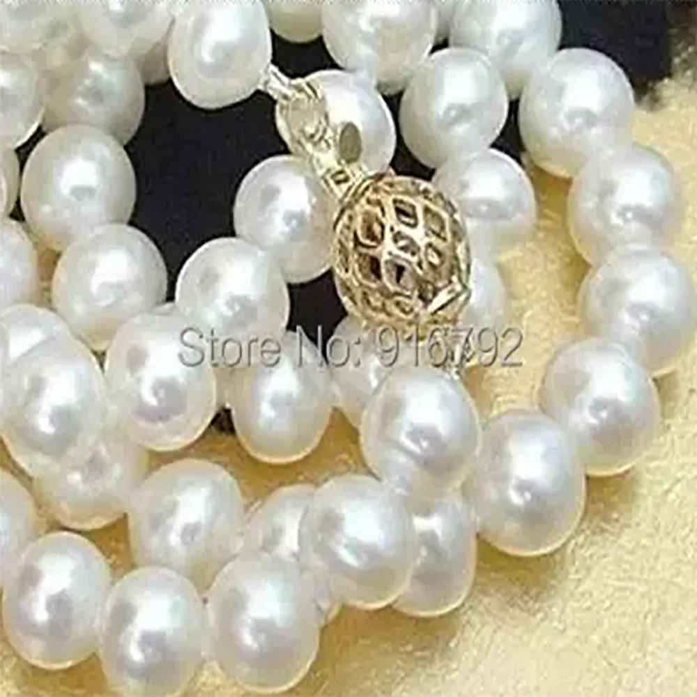 9-10mm Excellent white Real Natural pearl necklace 17.5