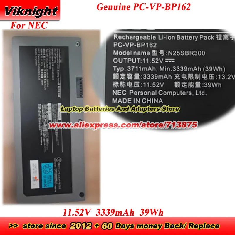 

Genuine PC-VP-BP162 N25SBR300 Battery 11.52V 3339mAh 39Wh for NEC Rechargeable Li-ion Battery