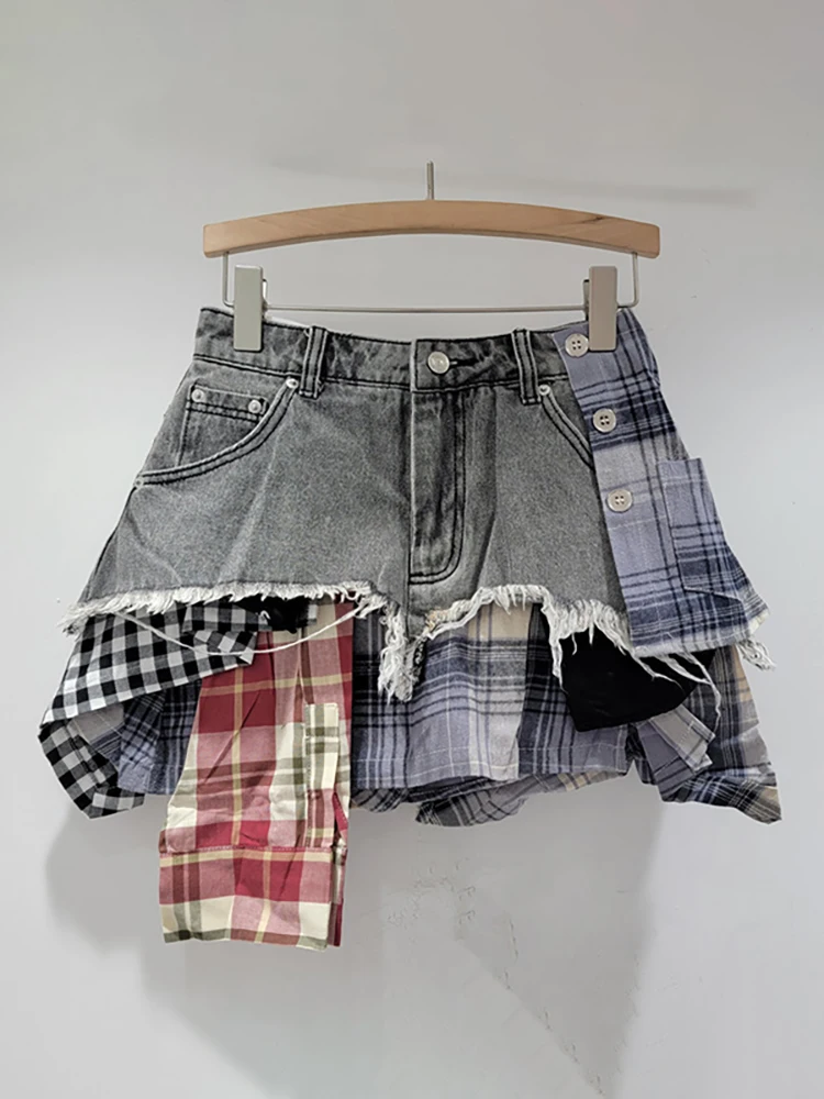 DEAT Women's Denim Skirt Colored Plaid Patchwork Irregular Deconstructed A-line High Waist Mini Skirt 2024 Spring New Fashion