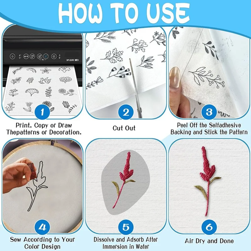 15PCS A4 Water-Soluble Self-Adhesive Embroidery Stabilizer - Printable, For Hand And Machine Embroidery,For DIY Projects