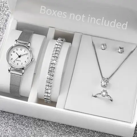 6PCS Fashion Women Watches Small Arabic Dial Quartz Watch Ladies Silver Mesh Band Wristwatches Jewelry Reloj Mujer（Without Box）