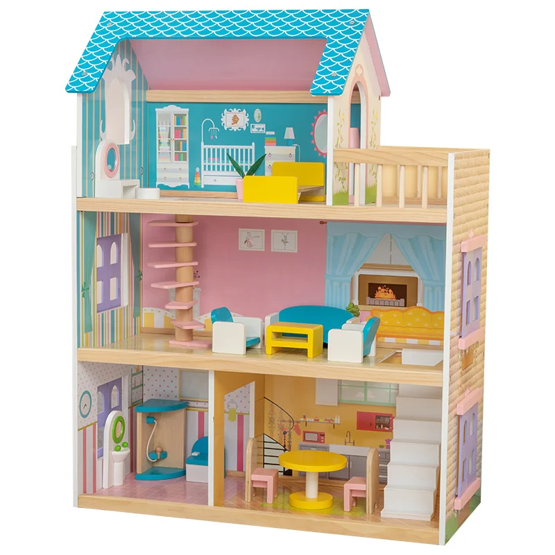 

Wooden 3-Story Dollhouse Villa with Bedroom Living Room Furniture Playset for Kids