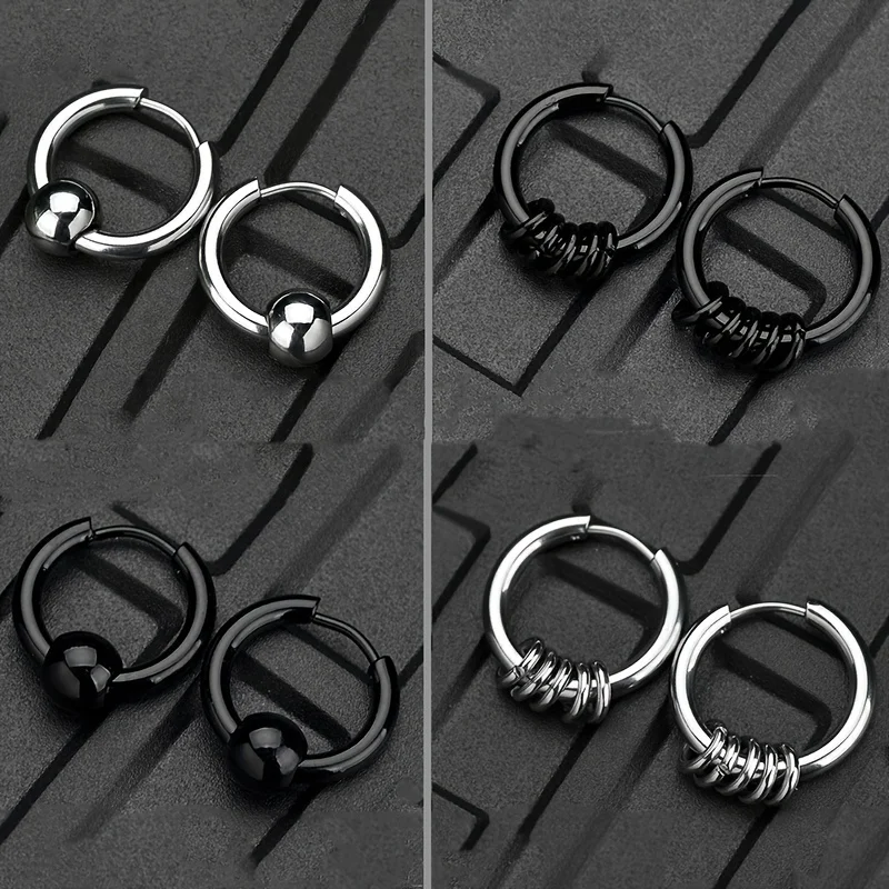 2pcs Stainless Steel Hoop Earrings For Men Small Circle Metal Ball Anti-allergic Ear Buckle Rock Hip Hop Artificial Jewelry