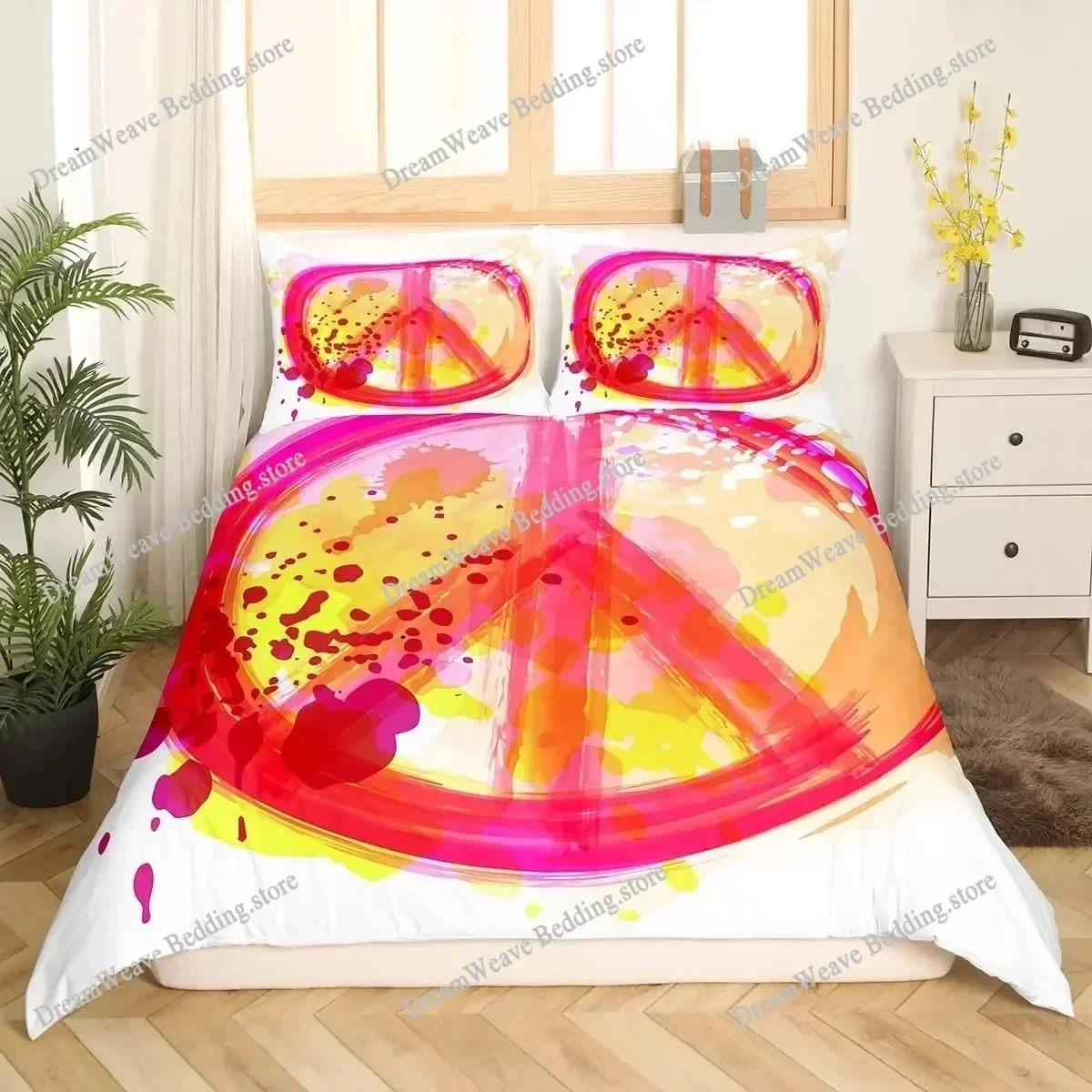 Peace Symbol Duvet Cover Set for Kids Boys Girls,Happiness World Bedding Set Queen Size,Green Brown Red Soft Bedroom Decor