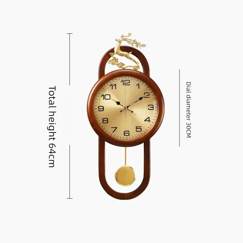New Chinese Style Pendulum Wall Clock, Silent Non-Ticking Quartz Clock with Lucky Deer Decor, Solid Wood Frame for Living Room &