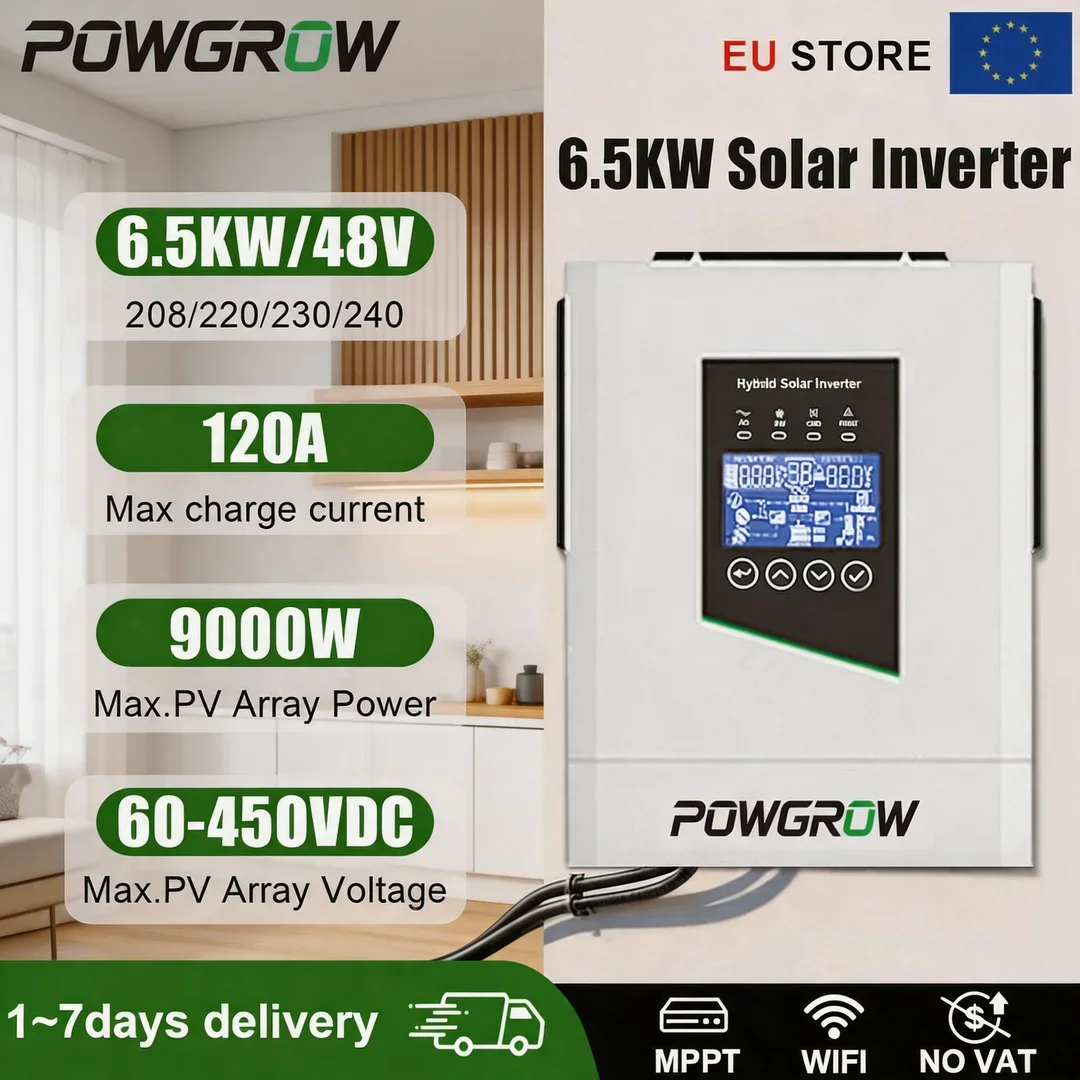 POWGROW 12KW 6.5KW 5KW 3.6KW Hybride Solar Inverter 48V 24V 230V 150A MPPT Ladingsregelaar Zuivere Sinusgolf Off-Grid Hybride Inverter Met WIFI