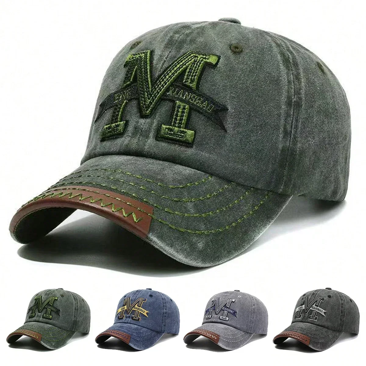 Image of Unisex Baseballkappen mit M-Buchstaben-Stickerei, Waschbar, für Frühling und Herbst, Outdoor-Sonnenschutz, Verstellbare Casual Trucker-Mützen