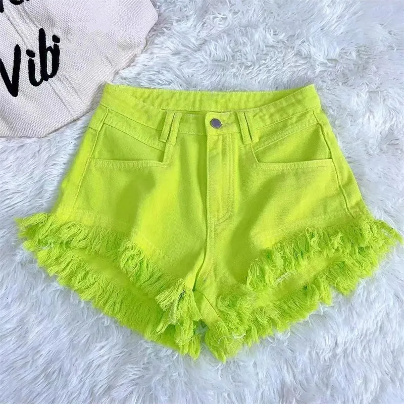 

Beach Style Raw Edge Denim Shorts 2024 New Summer Spicy Girl Colorful High Waist Loose Wide Leg Shorts Casual Vacation Hot Pants