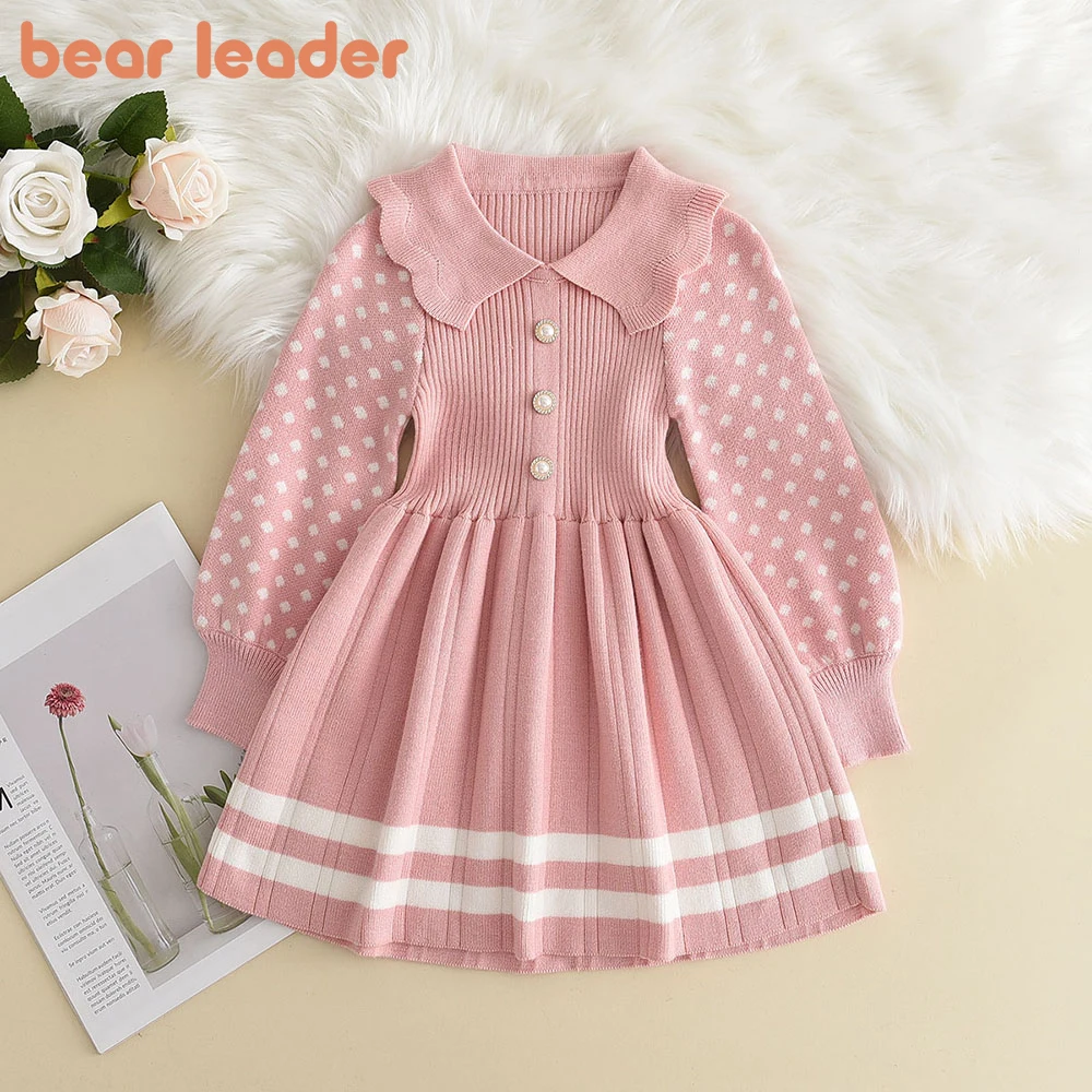 Bear Leader Girl Baby Sweater Knitted Dress Warm Sweater Dress Polka Dots Girls Infant Casual Pleated Princess Dresses Vestidos