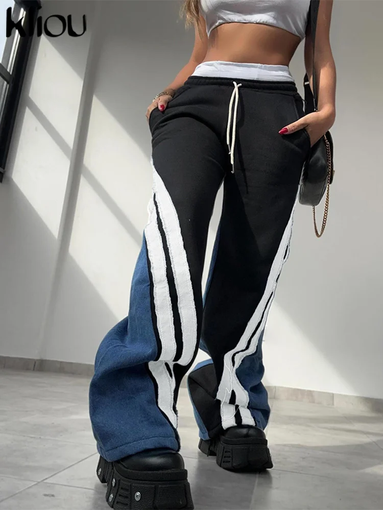 kliou Panelled Women Casual Pants 2024 New Sporty Oversized Elastic Waist Stripe Patchwork Trousers Female Basic Active Bottoms