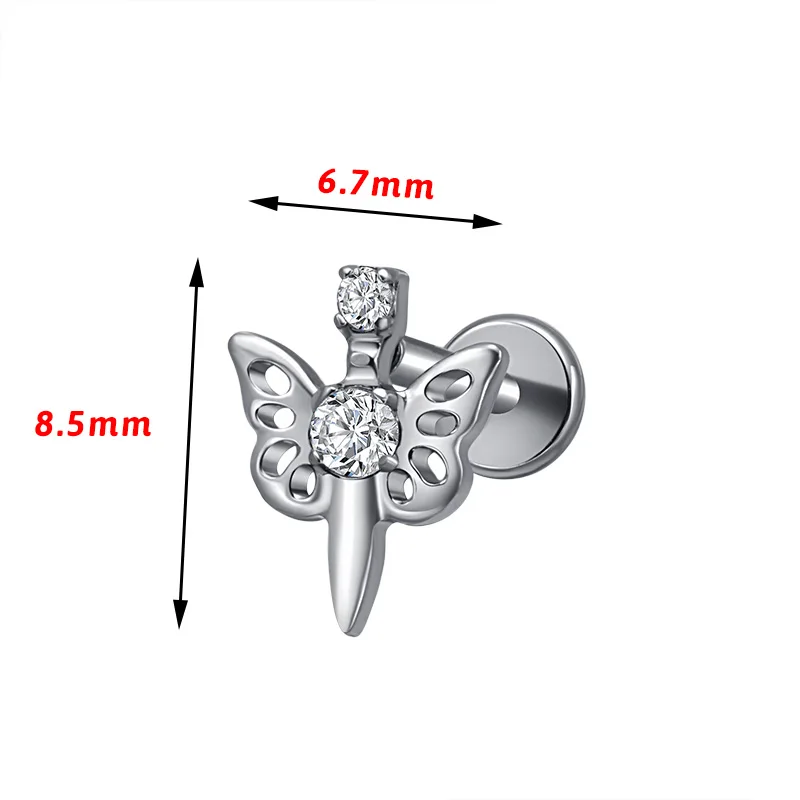 ZOOR ASTM F136 التيتانيوم فراشة خنجر شقة الظهر Labret السيف قرط الاذن المرصع الغضروف اللولب الزنمة الأذن مربط الغضروف ثقب