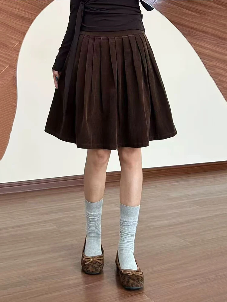 

Winter Vintage Corduroy Skirt Women Y2k High Waist Streetwear Warm Loose Pleated Skirt Ladies Korean All Match Knee Length Skirt