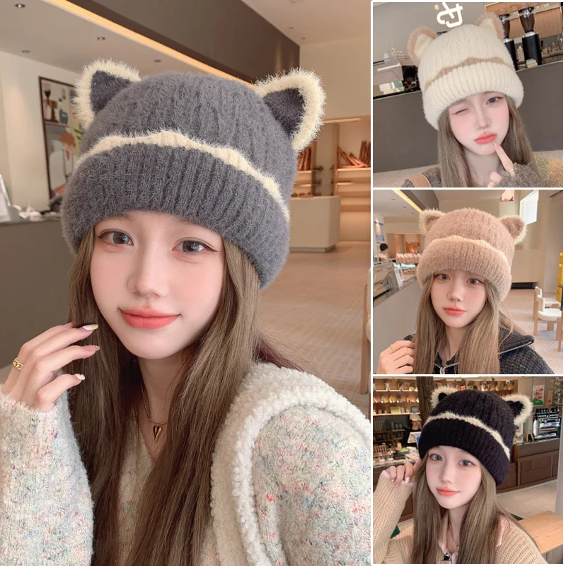 Face displaying kitten ear knitting wool hat Children\'s warm and lovely velvet hat in autumn and winter