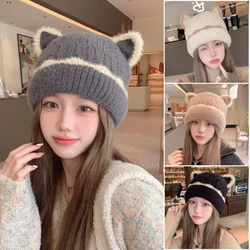 Face displaying kitten ear knitting wool hat Children's warm and lovely velvet hat in autumn and winter