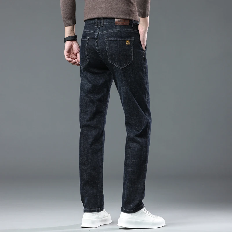 SULEE New High Quality Jeans Men\'s Business Casual Straight Denim Pants Stretch Fashion Classic Work Trousers Blue Black Male