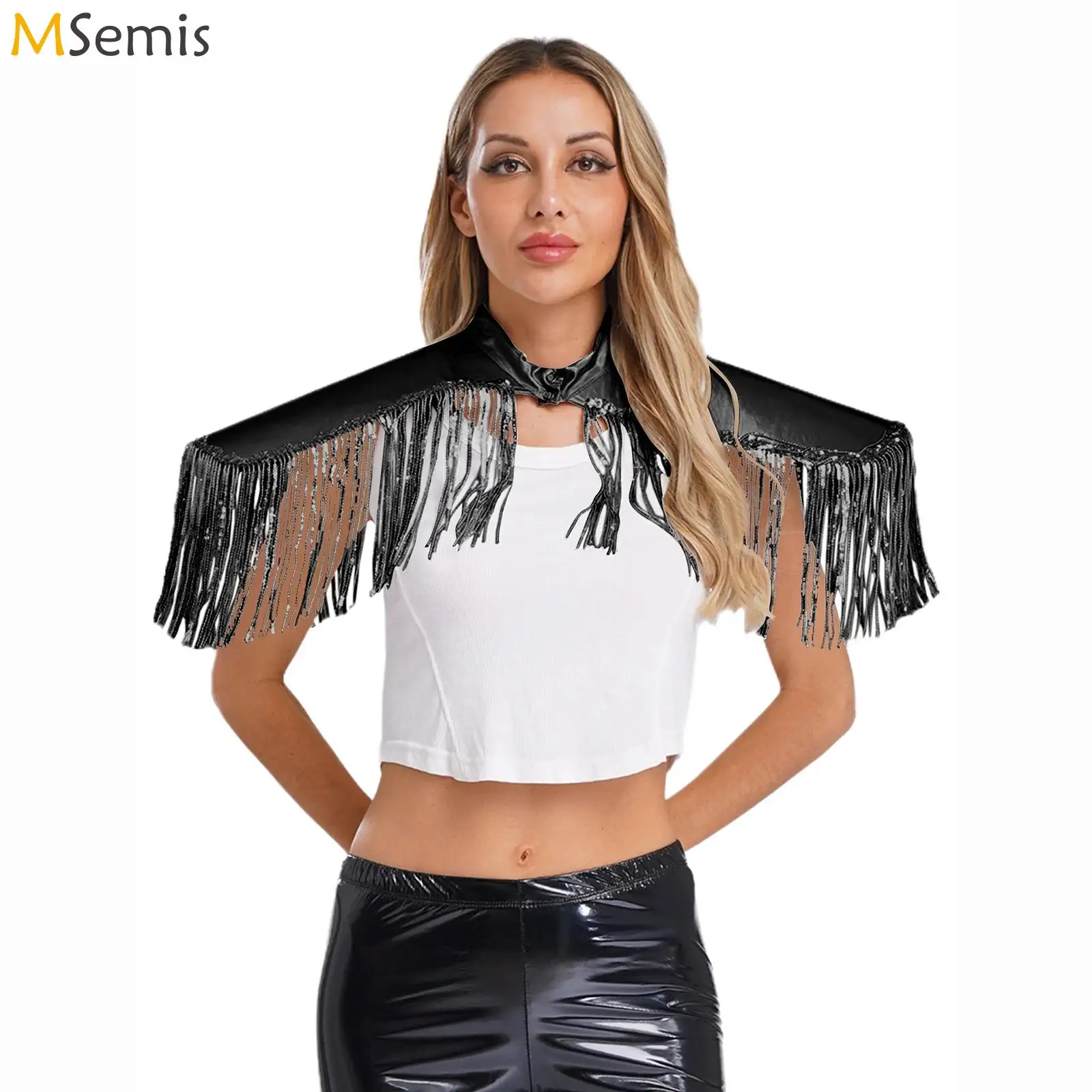 

Women Men Fringe Armor Vest Black Silver Tassel Shoulder Pads DJ Gogo Stage Performance Show Accessories Singer Dance Costume