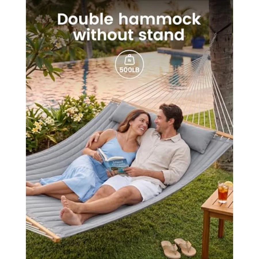 Double Quilted Outdoor Hammock for 2 Adults Dark Gray 500lb Capacity Backyard Camping Hammock with Pillow and Bamboo Spreader B