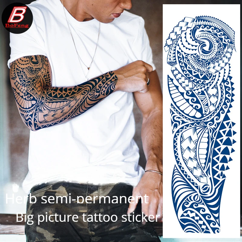 Herbal Tattoo Sticker Large Arm Picture Full Arm Juice Waterproof Flower Arm Flower Leg Temporary Tattoos Sticker Size:155*465mm