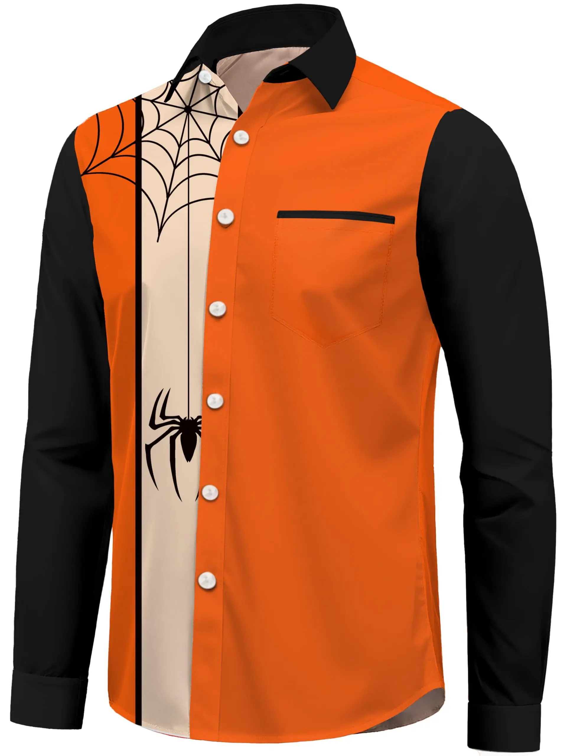 Men's Halloween Pumpkin Skull Horror 3D Print Long Sleeves Lapel Shirt Funny Holiday Party Design Loose Casual Tops Men Clothing