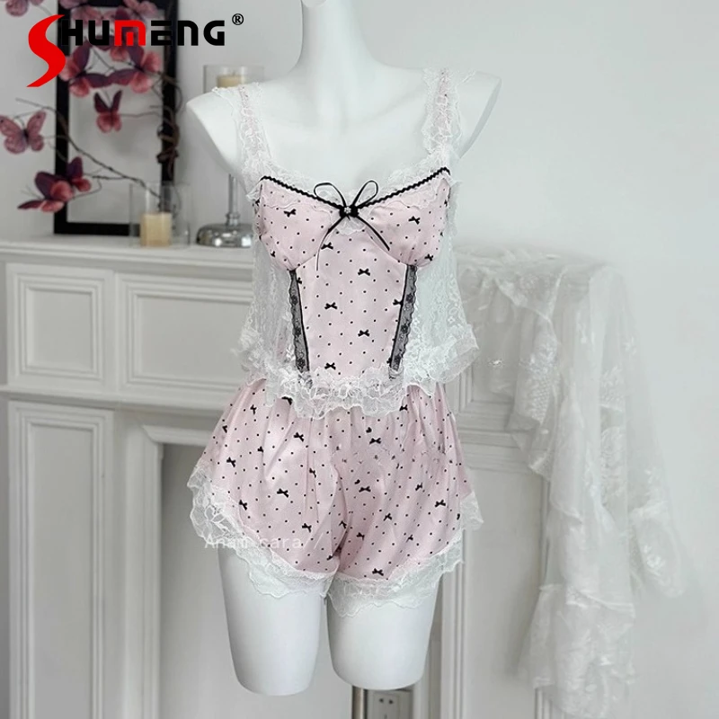 

Female Sexy Sleep Pajama Suits Camisole Shorts Underwear with Chest Pads Women Lace Print High End Homewear Two Piece Set