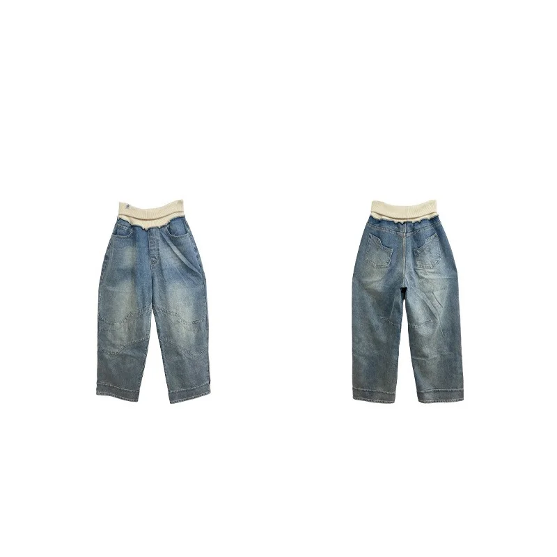 Benuynffy Vintage Knit Cuffs Waist Baggy Jeans Women 2026 Autumn New 2000s Streetwear Casual Washed Denim Wide Leg Trousers