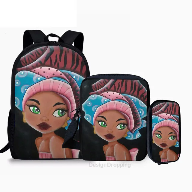 Sacos escolares impressos em 3D para meninas, mochila mochila, bolsa de ombro inclinado, estojo para lápis, magia negra, Afro Lady, clássico, 3 peças por conjunto