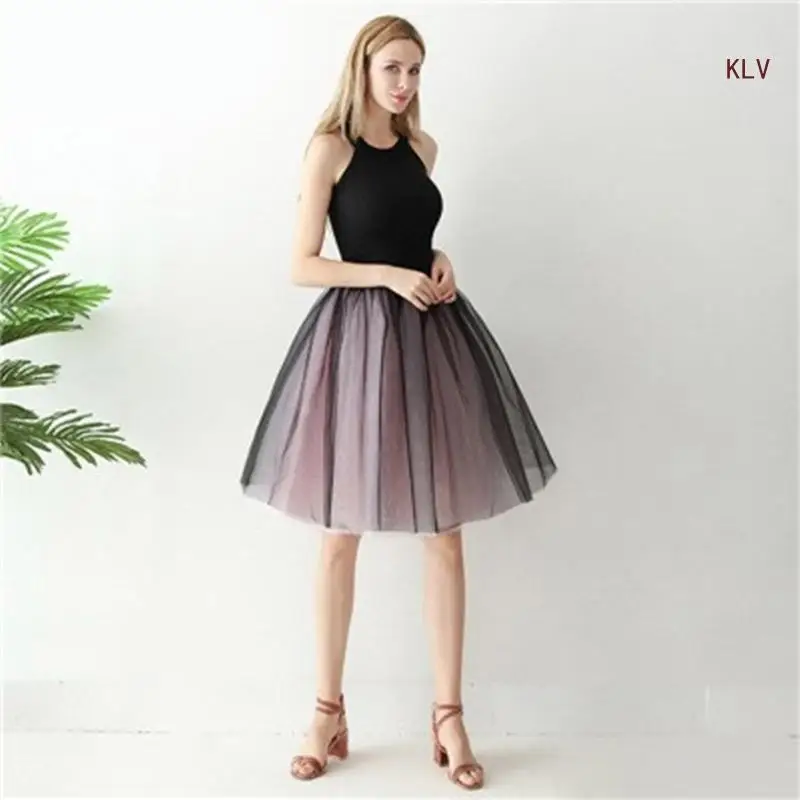 

Women Elastic Waist Long Skirt 2 Color Splicing Tulle Tutus Skirts 7 Layer Mesh A Line Skirt Party Petticoat Underskirt