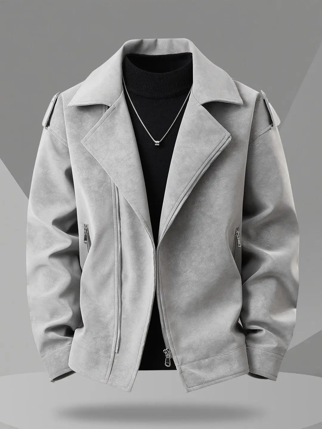 

American Retro Motorcycle Jacket Men's Loose Zipper Design Casual Fashion Outerwear Top Flip Collar Long Sleeve Spring