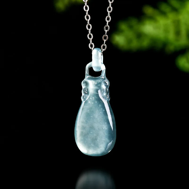 Natural A-grade Jadeite Blue Water Small Vase With Movable Button Lock Ice Jade Pendant Fashionable Women's Jewelry Drop Ship