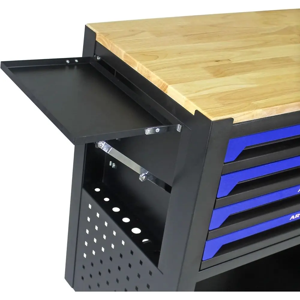 ตู้เครื่องมือแบบมีล้อเลื่อน 4 ลิ้นชัก พร้อมท็อปไม้ สีน้ำเงิน สำหรับงานช่างในโรงรถและร้านซ่อม