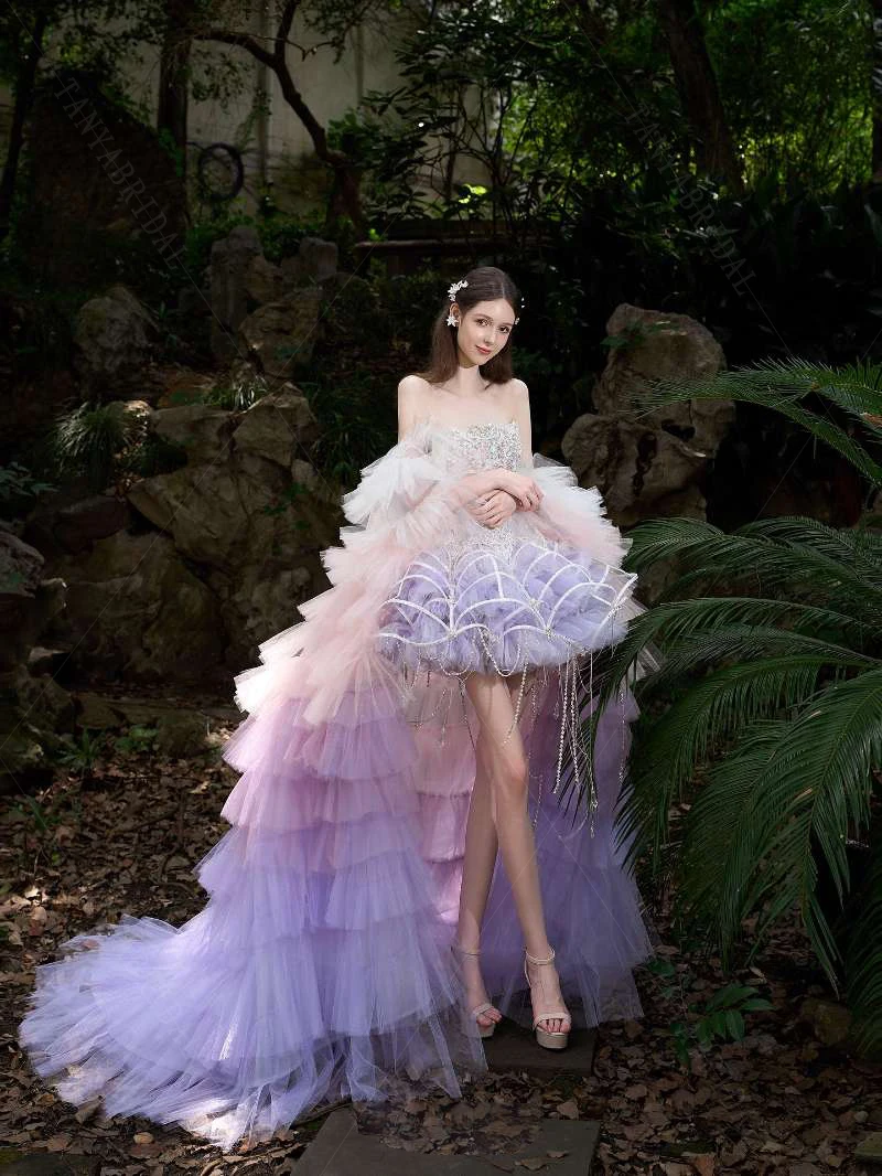 Dreamy Colorful Tulle Wedding Cape ,Ruffles Long Train With Short sleeve ,Charming Bridal Jacket   DJ503