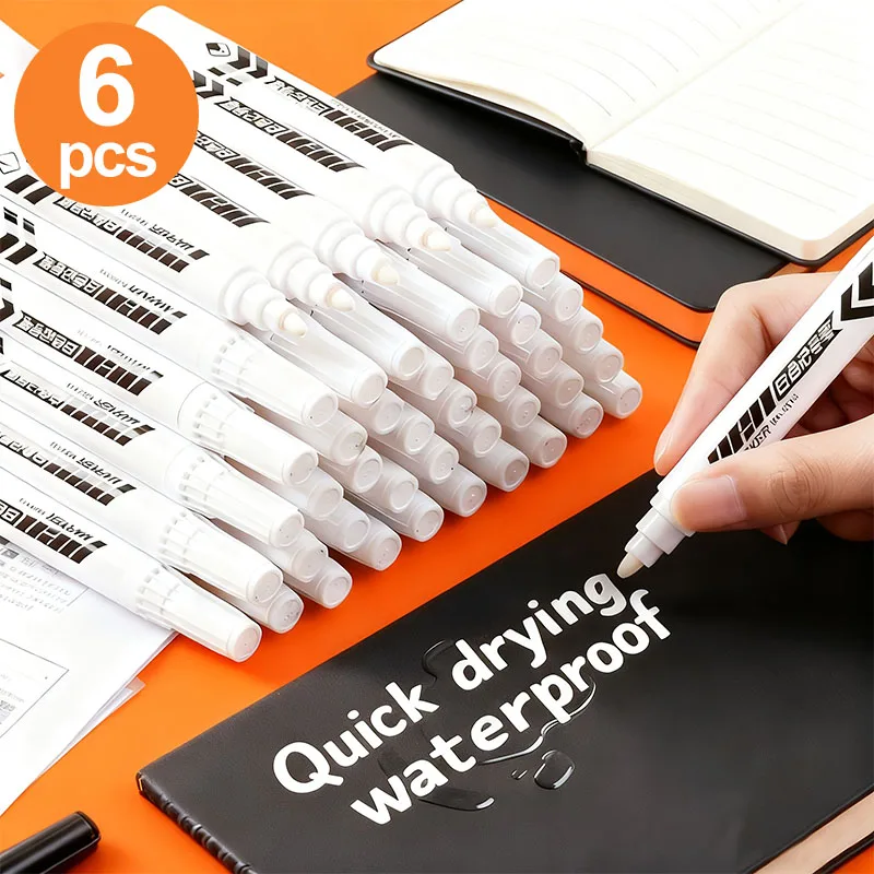

6 White Markers with 2mm Thick Tips, Professional Art Supplies, 2mm Nib, Smooth Writing, Quick-Drying, Large Capacity, Non-Smudging, Non-Fading, Suitable for Marking, Signing, Artistic Graffiti, and Surfaces Such as Wood, Metal, Glass