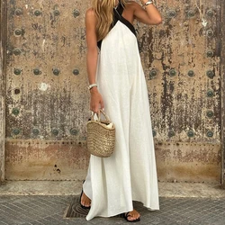 Elegant Solid Backless Long Dress Summer Women Casual Loose Beach Vacation Pleat Dress Fashion Patchwork Sleeveless Halter Dress