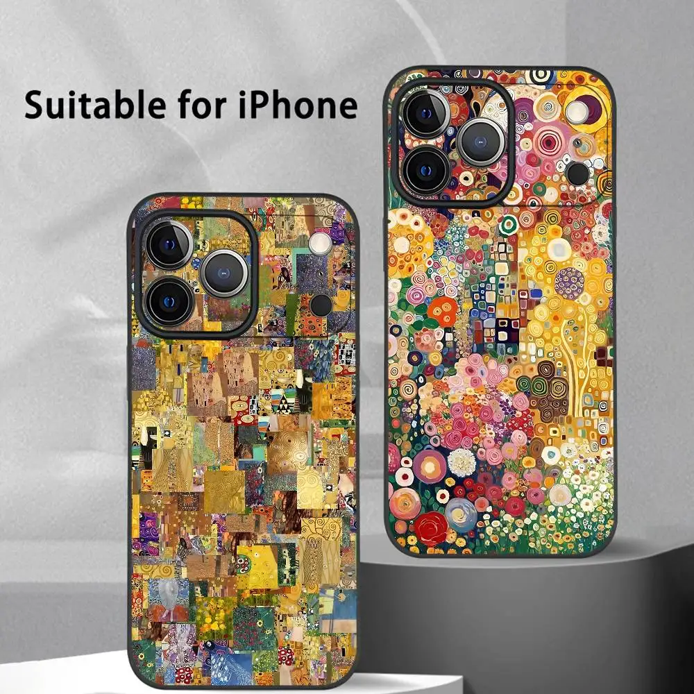 

G-Gustav Klimt Flowers Phone Case For iPhone 17 16 15 14 13 12 11 Pro Max Plus Mini Black Frosted Soft Shell Funda