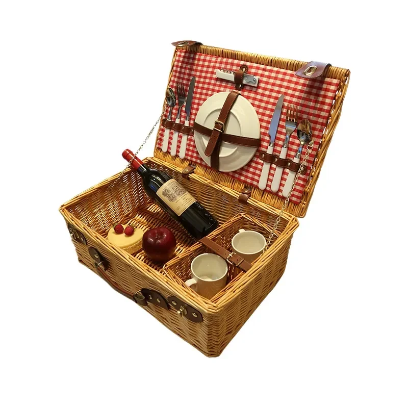 Handwoven Willow Picnic Basket Outdoor Insulated Food Storage Bag for Fruit Camping Travel Portable Wicker Hamper