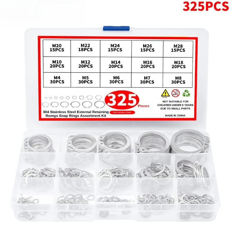 

325pcs Internal Circlip Assortment Kit C Clip Washer set 304 stainless steel M4-M28 Retaining Ring Snap Ring kit for metal shaft