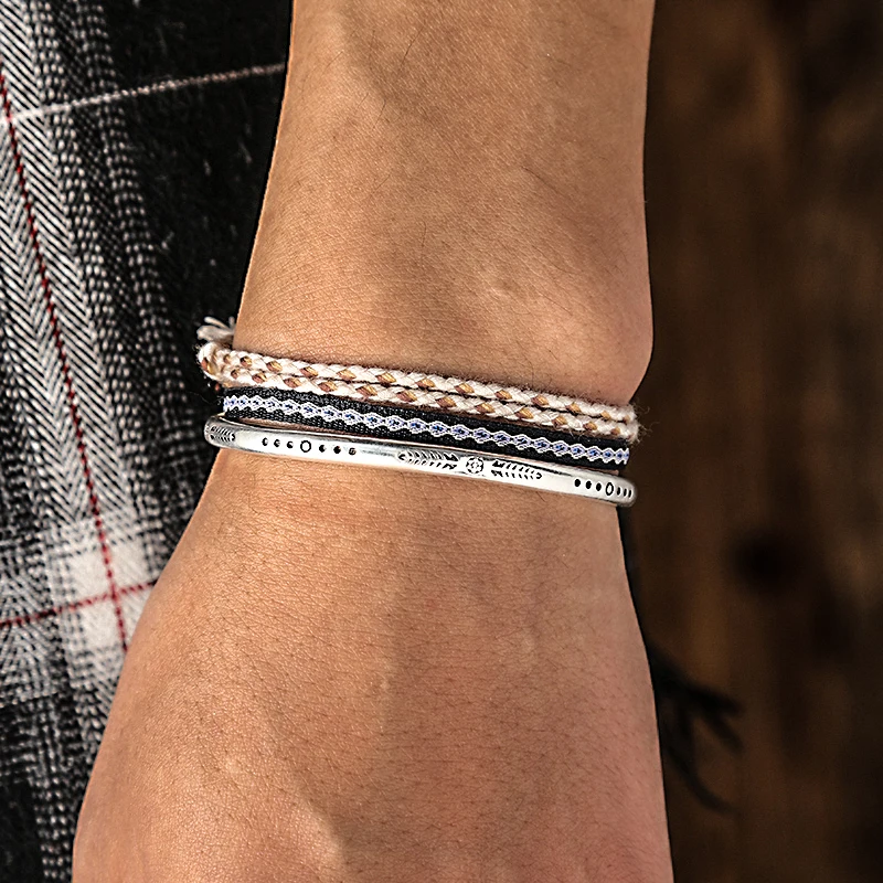 Simple 925 Silver Plated 3Pcs/set Bangle National Style Handmade Cotton Rope Bracelets Tibetan Buddhism Black Knot Jewelry Gift