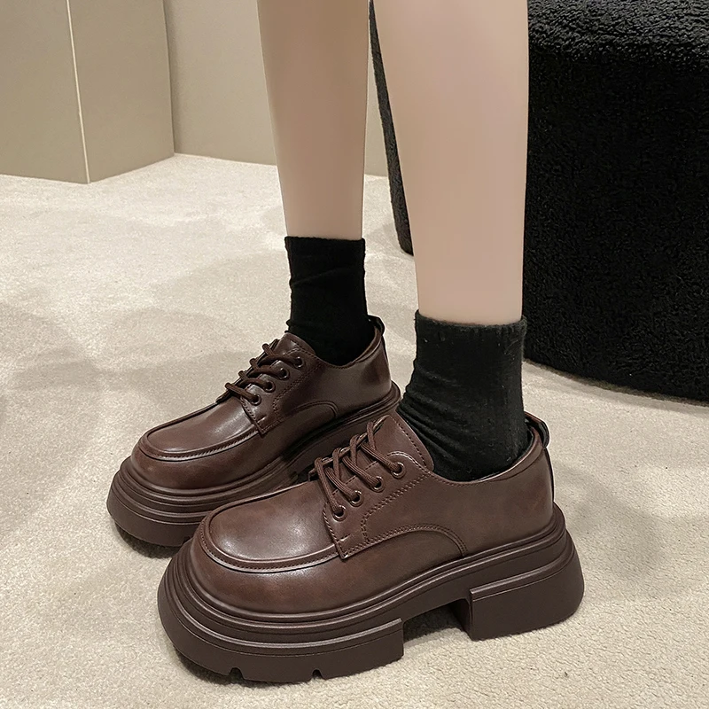 Brown Black Thick Sole Small Leather Women\'s 2024 Autumn Spring New Retro British Style Lace up Versatile Round Toe JK Shoes