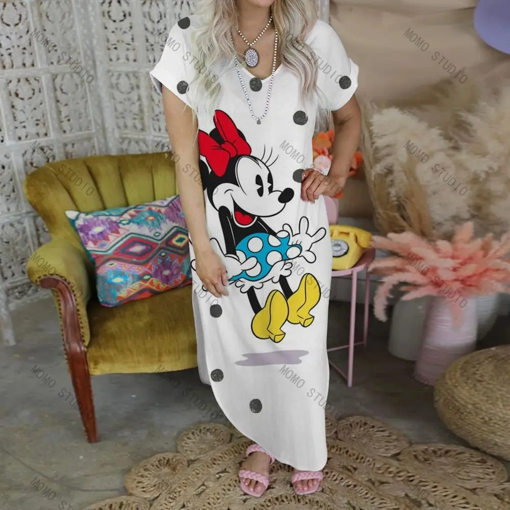 Plaj elbise Disney kadın giysileri Mickey kadın uzun karikatür elbiseler 2022 Minnie Mouse Y2k eğlence Maxi v yaka seksi Robe rahat