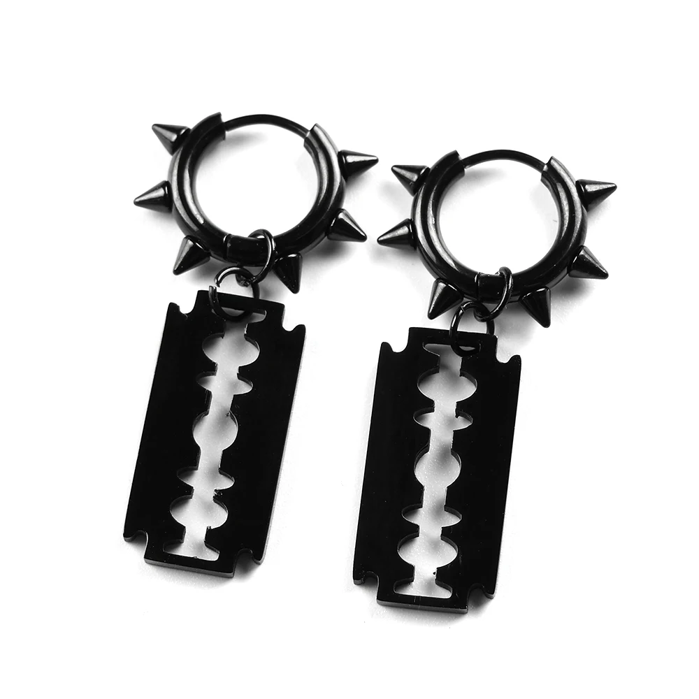 Gothic Punk Spike Rivet Razor Blade Hoop Earrings for Women Men Black Silver Color Stainless Steel Drop Earring Charms Jewelry