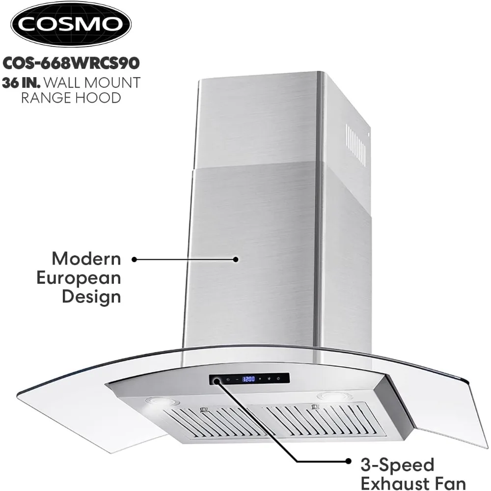 COS-668WRCS90, 36 pulgadas Campana extractora de montaje en pared con conductos, acero inoxidable con controles táctiles, iluminación LED y filtros permanentes